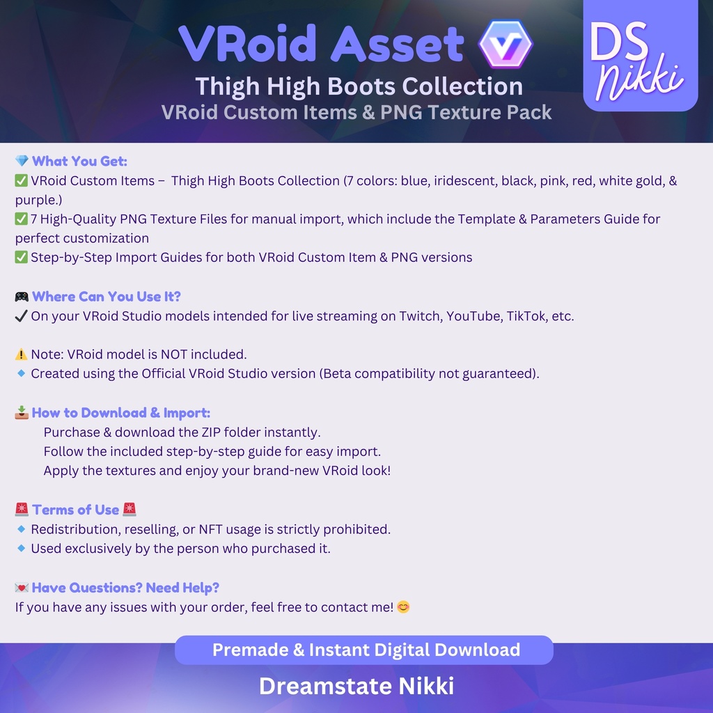 VRoid Studio Outfit – Stylish Thigh High Boots Set, VRoid Custom Items & PNG Textures Pack, VTuber Clothes, Digital Asset