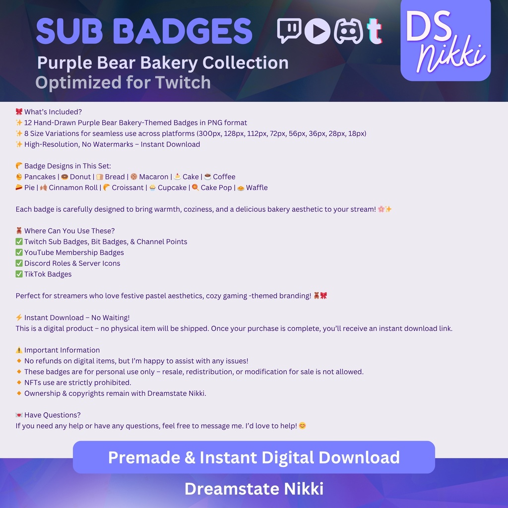 Cozy Purple Bear Bakery Twitch Sub Badges | Cute Kawaii Bit Badges & Emotes | Stream Points | Twitch YouTube Discord TikTok