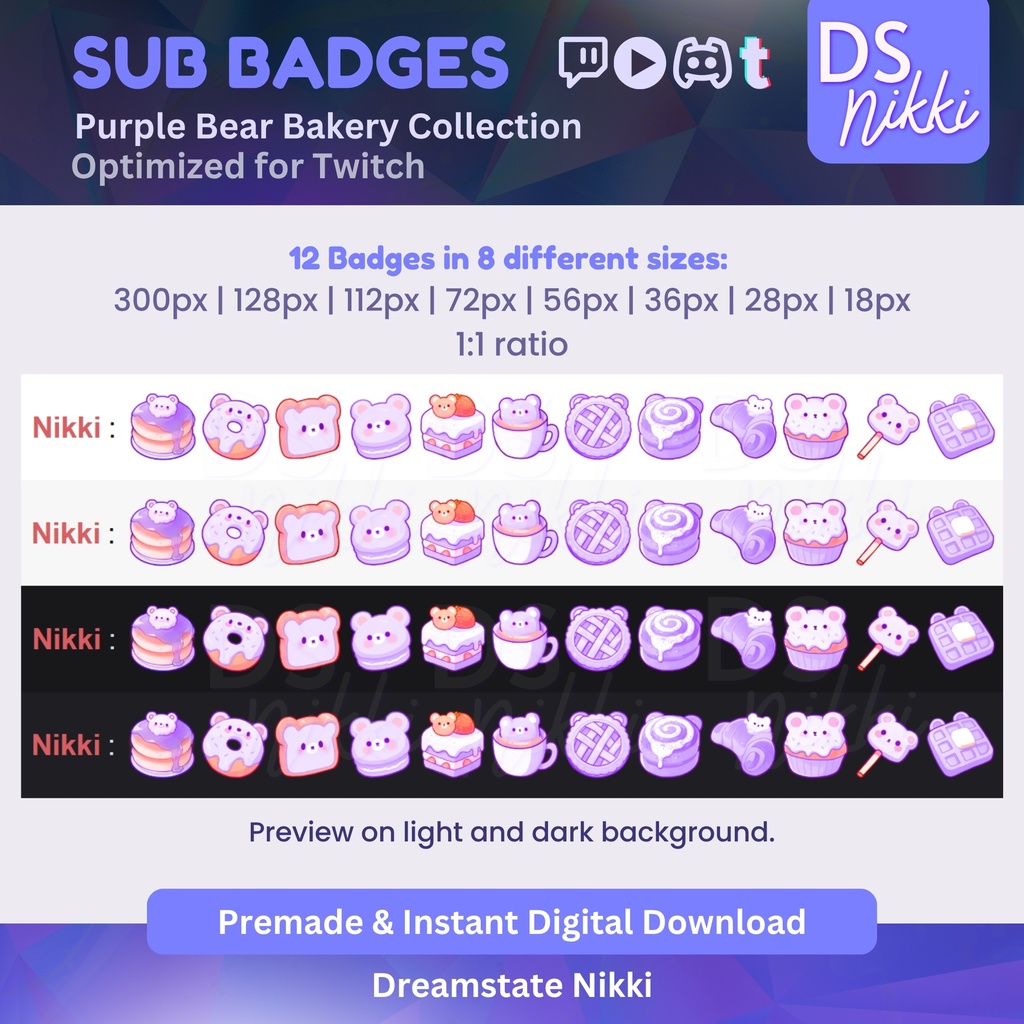 Cozy Purple Bear Bakery Twitch Sub Badges | Cute Kawaii Bit Badges & Emotes | Stream Points | Twitch YouTube Discord TikTok
