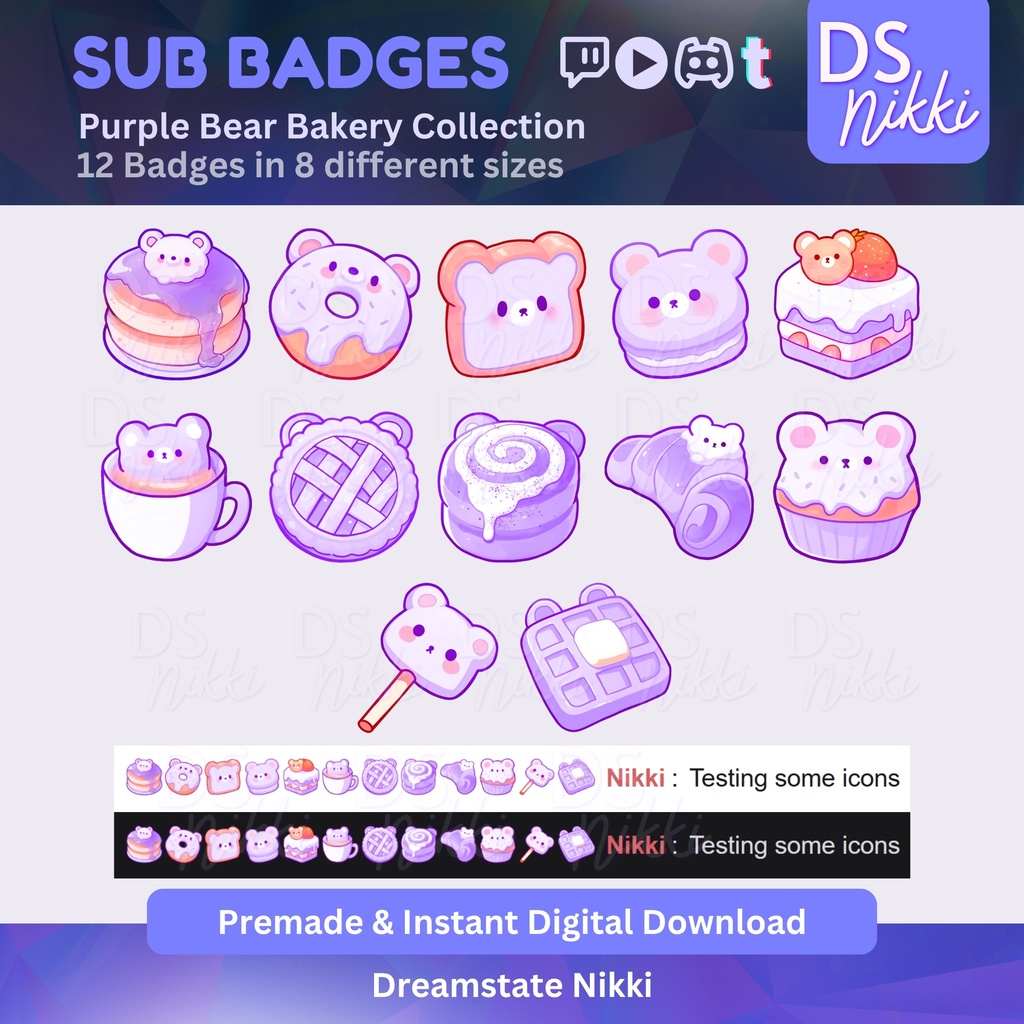 Cozy Purple Bear Bakery Twitch Sub Badges | Cute Kawaii Bit Badges & Emotes | Stream Points | Twitch YouTube Discord TikTok