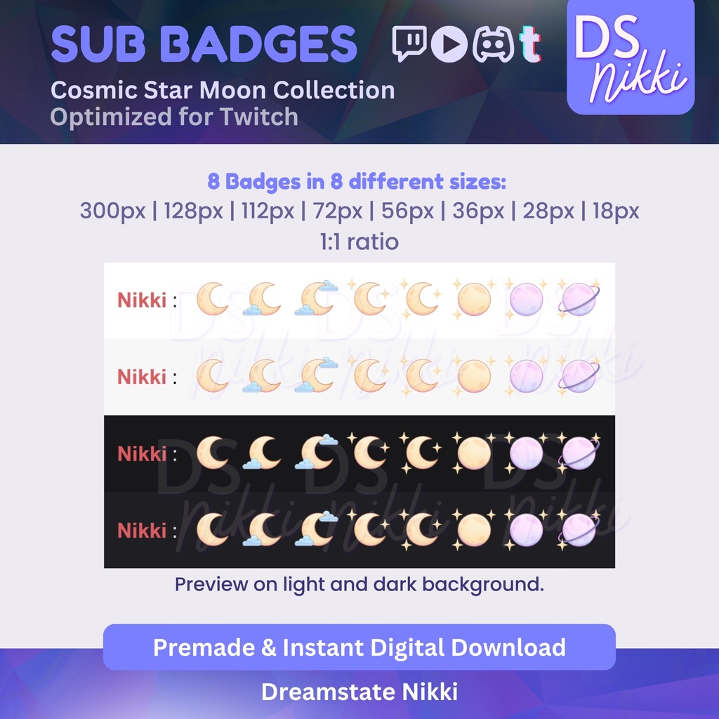 Kawaii Twitch Sub Badges – Cosmic Star Moon Stream Emotes