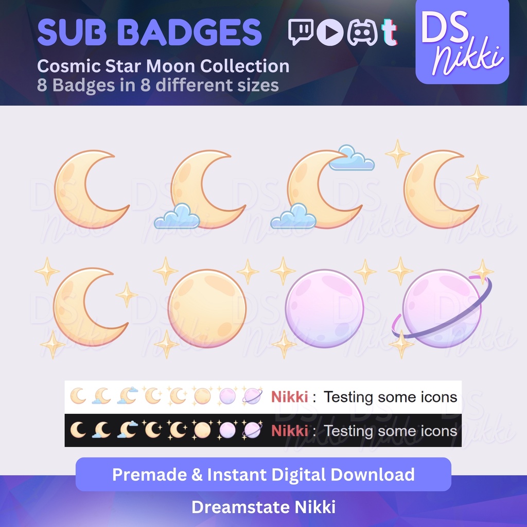 Kawaii Twitch Sub Badges – Cosmic Star Moon Stream Emotes