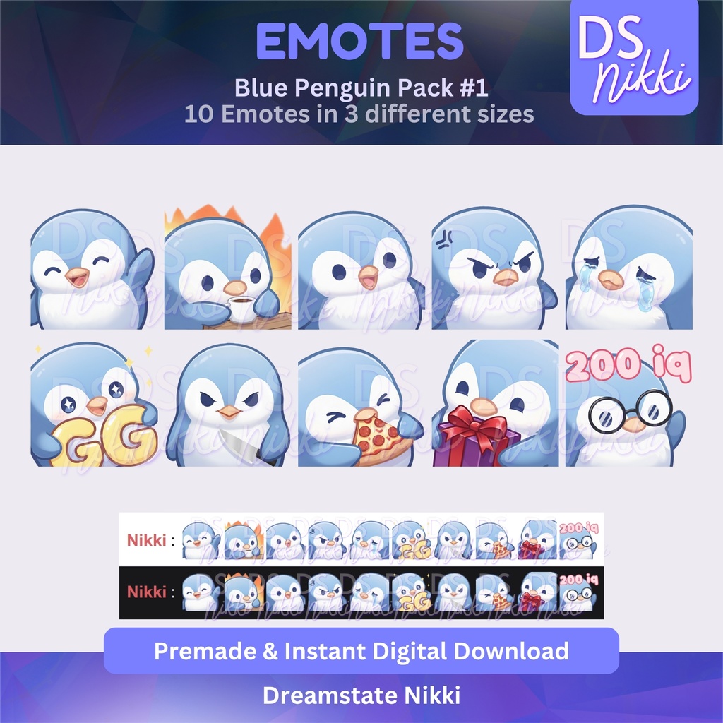 Blue Penguin Emote Pack for Twitch, YouTube & Discord - Instant Download