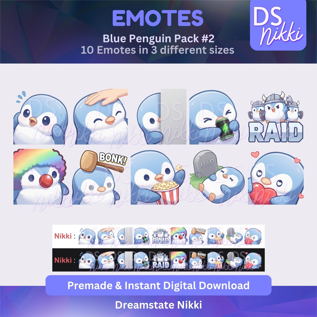 Blue Penguin Emote Pack for Twitch, YouTube & Discord - Instant Download