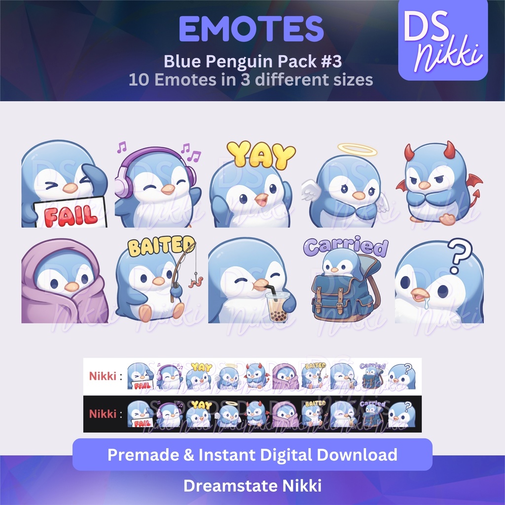 Blue Penguin Emote Pack for Twitch, YouTube & Discord - Instant Download