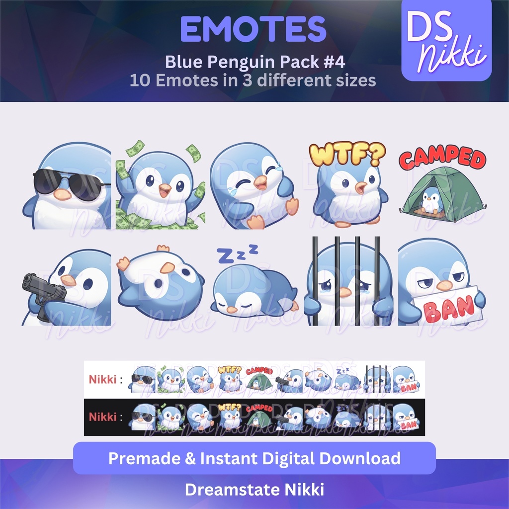 Blue Penguin Emote Pack for Twitch, YouTube & Discord - Instant Download