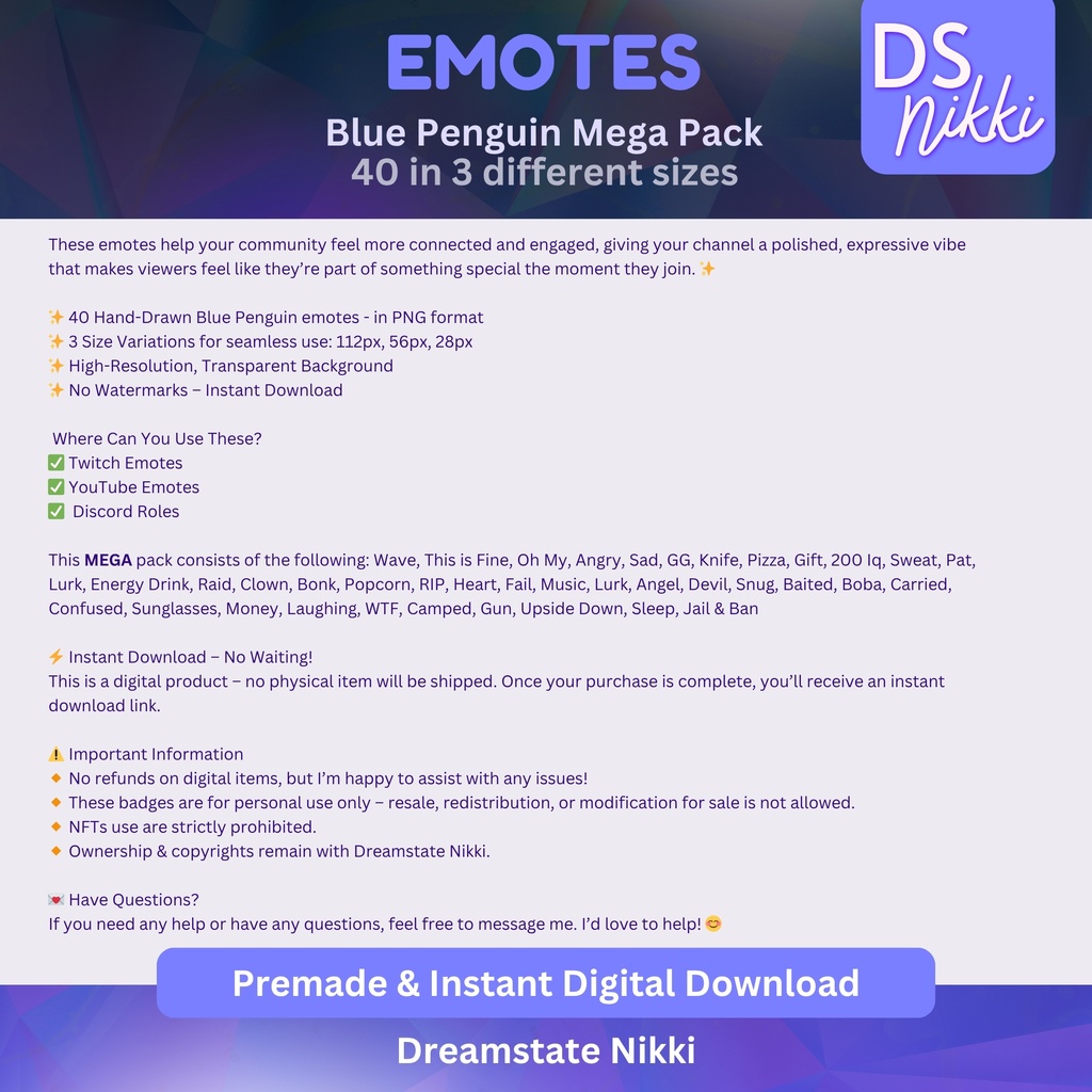 Blue Penguin Emote Mega Pack for Twitch, YouTube & Discord - Instant Download