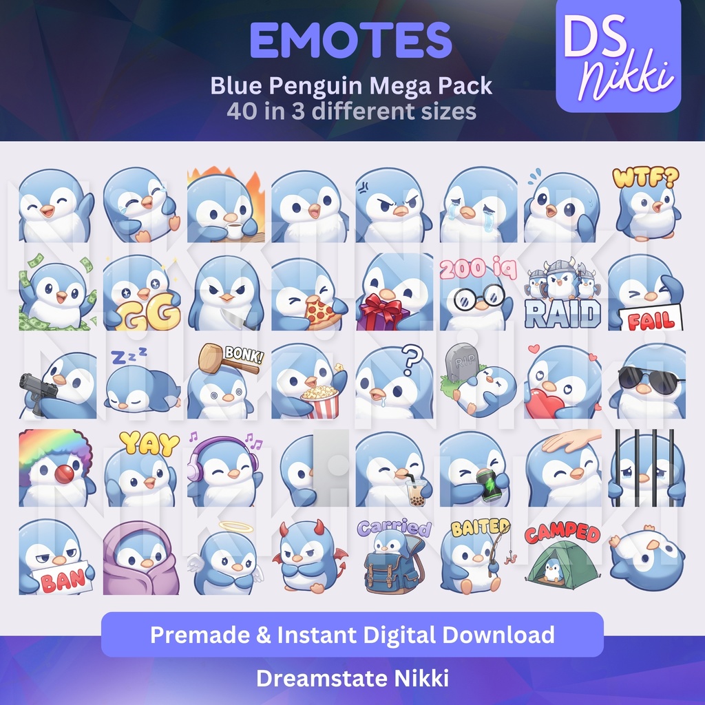 Blue Penguin Emote Mega Pack for Twitch, YouTube & Discord - Instant Download
