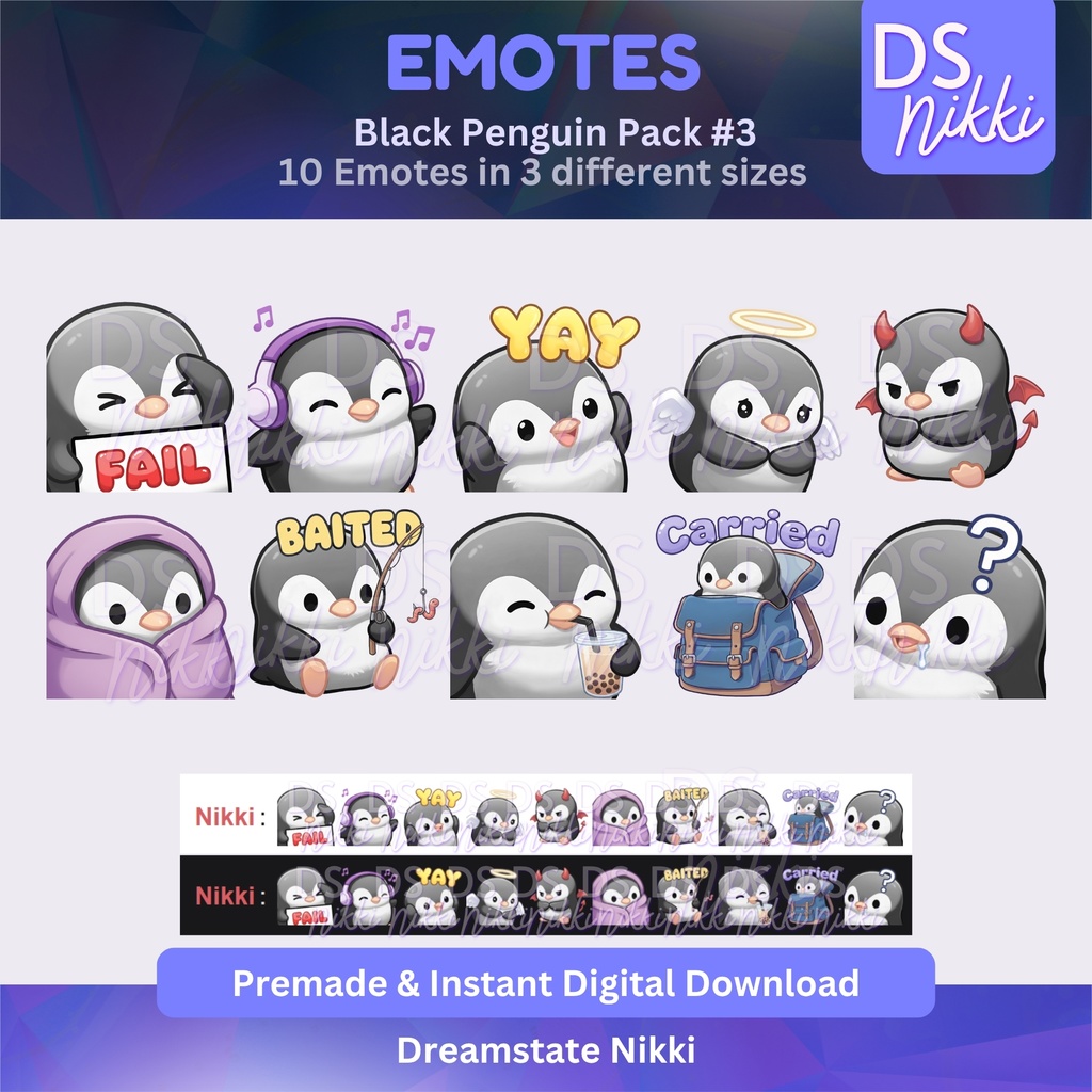 Black Penguin Emote Pack for Twitch, YouTube & Discord - Instant Download