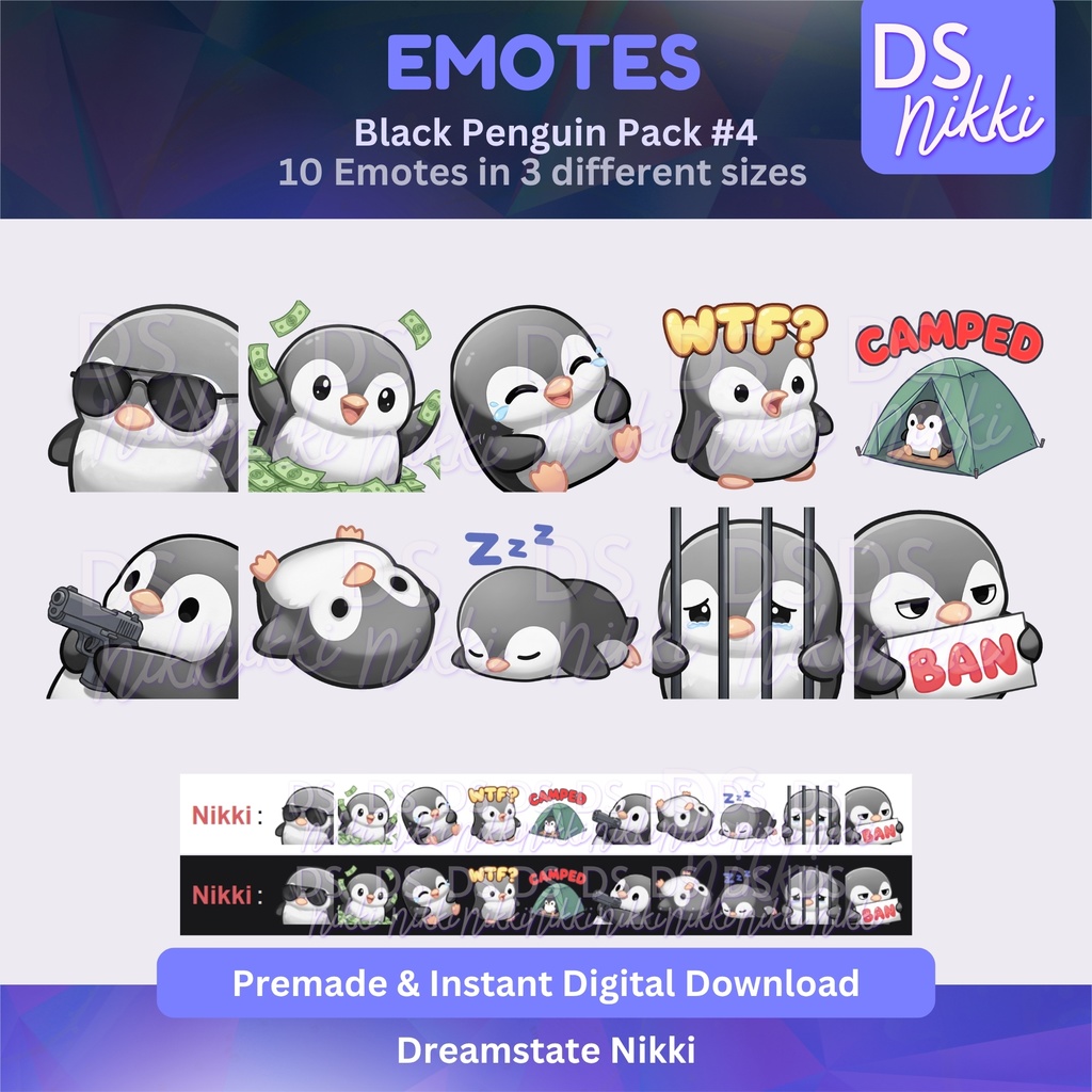 Black Penguin Emote Pack for Twitch, YouTube & Discord - Instant Download