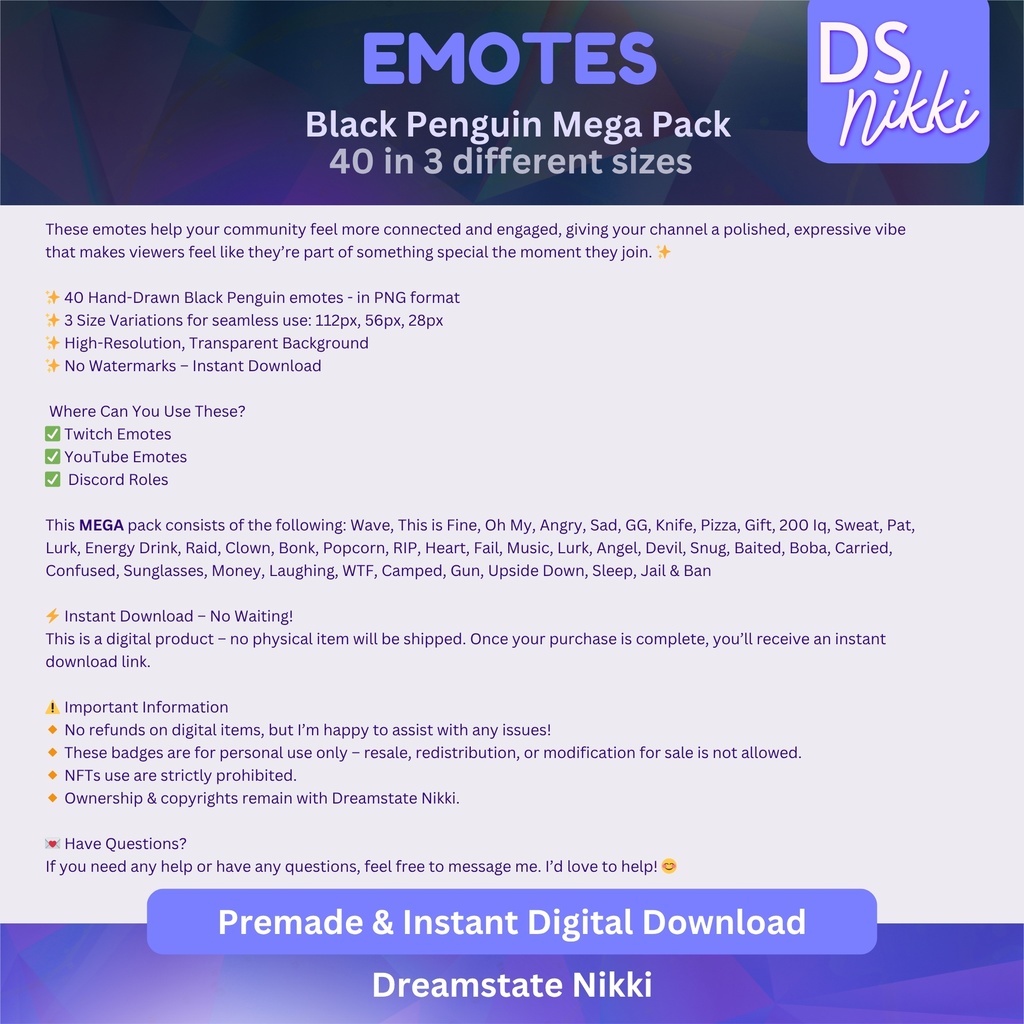 Black Penguin Emote Mega Pack for Twitch, YouTube & Discord - Instant Download