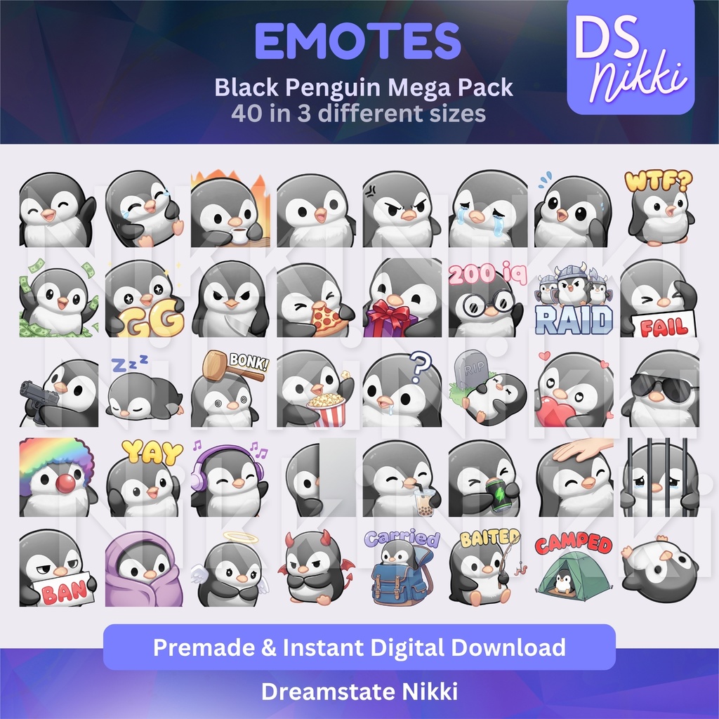 Black Penguin Emote Mega Pack for Twitch, YouTube & Discord - Instant Download