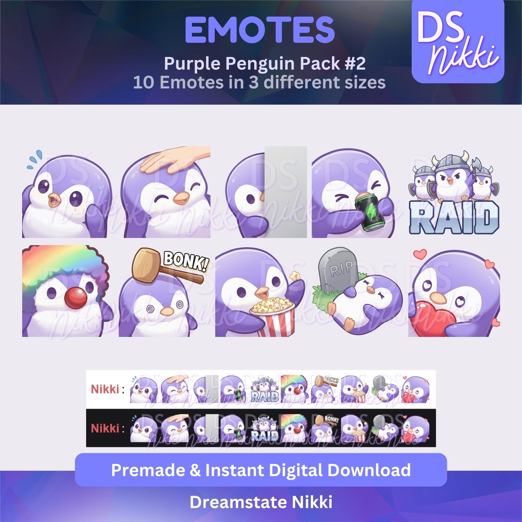 Purple Penguin Emote Pack for Twitch, YouTube & Discord - Instant Download