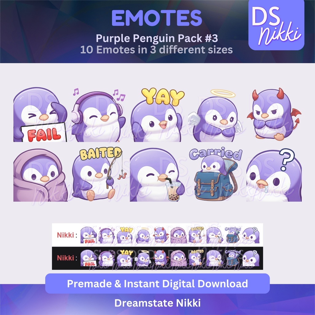 Purple Penguin Emote Pack for Twitch, YouTube & Discord - Instant Download