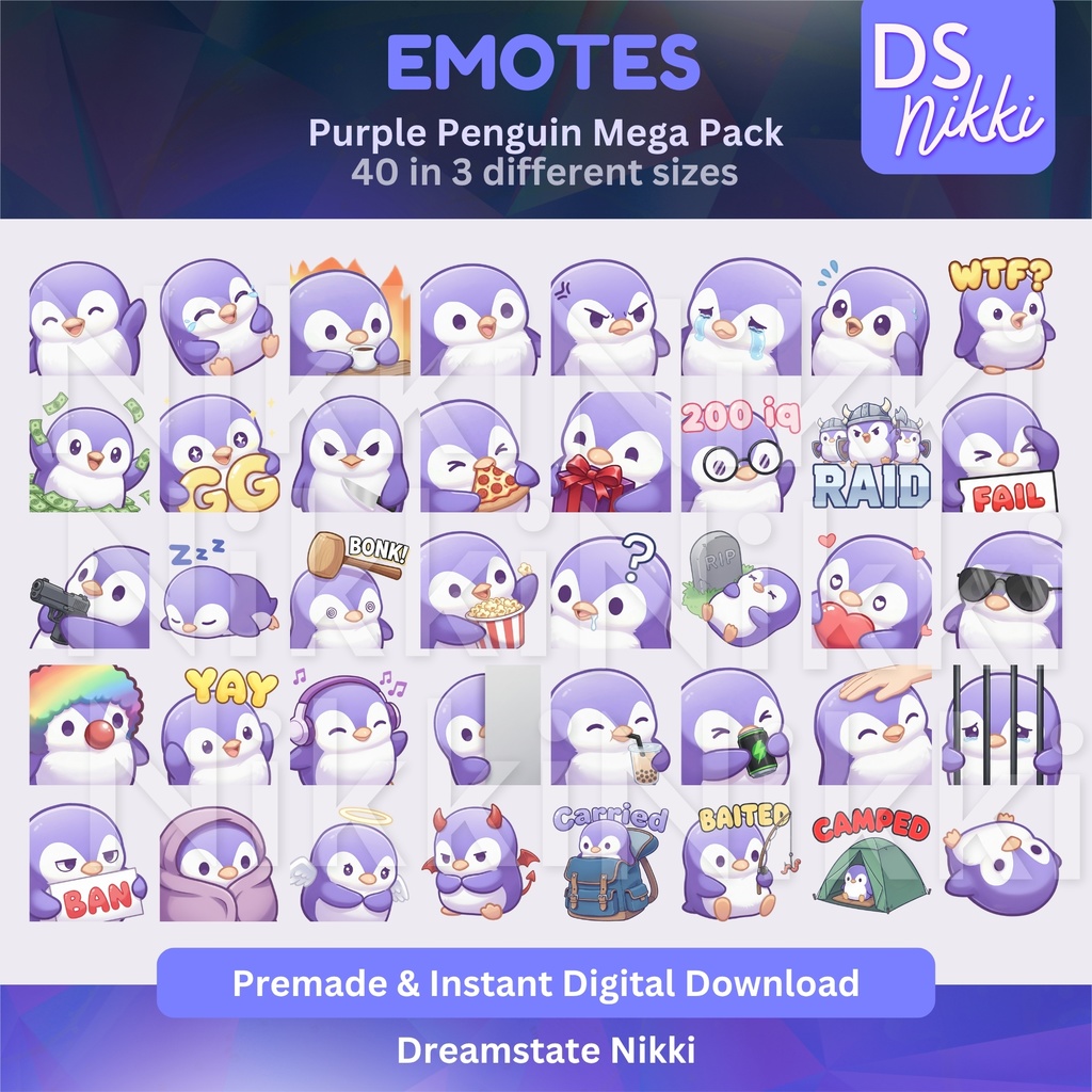 Purple Penguin Emote Mega Pack for Twitch, YouTube & Discord - Instant Download