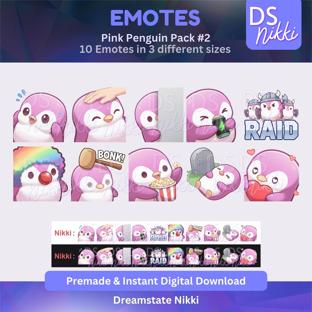 Pink Penguin Emote Pack for Twitch, YouTube & Discord - Instant Download