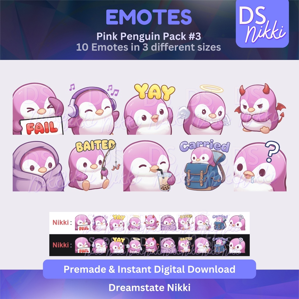 Pink Penguin Emote Pack for Twitch, YouTube & Discord - Instant Download