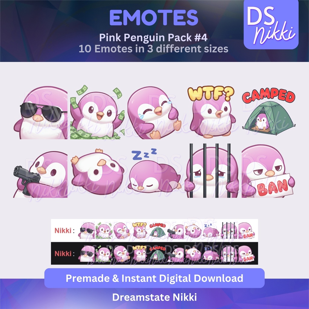 Pink Penguin Emote Pack for Twitch, YouTube & Discord - Instant Download