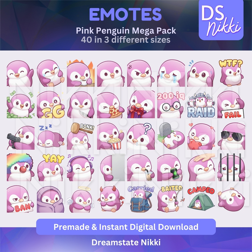 Pink Penguin Emote Mega Pack for Twitch, YouTube & Discord - Instant Download