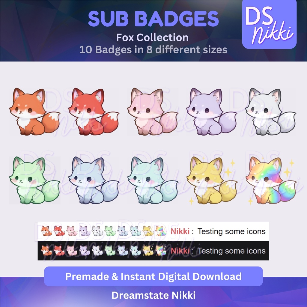 Kawaii Foxes Twitch Sub Badges – Pastel Animal Emotes (Digital Download)