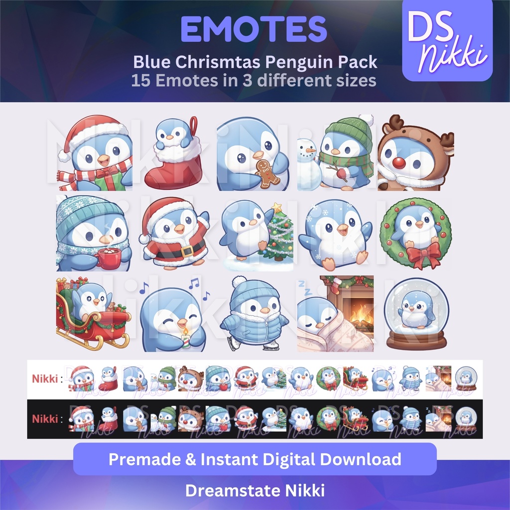 Blue Christmas Winter Penguin Emote Pack for Streaming Twitch, YouTube & Discord - Instant Download