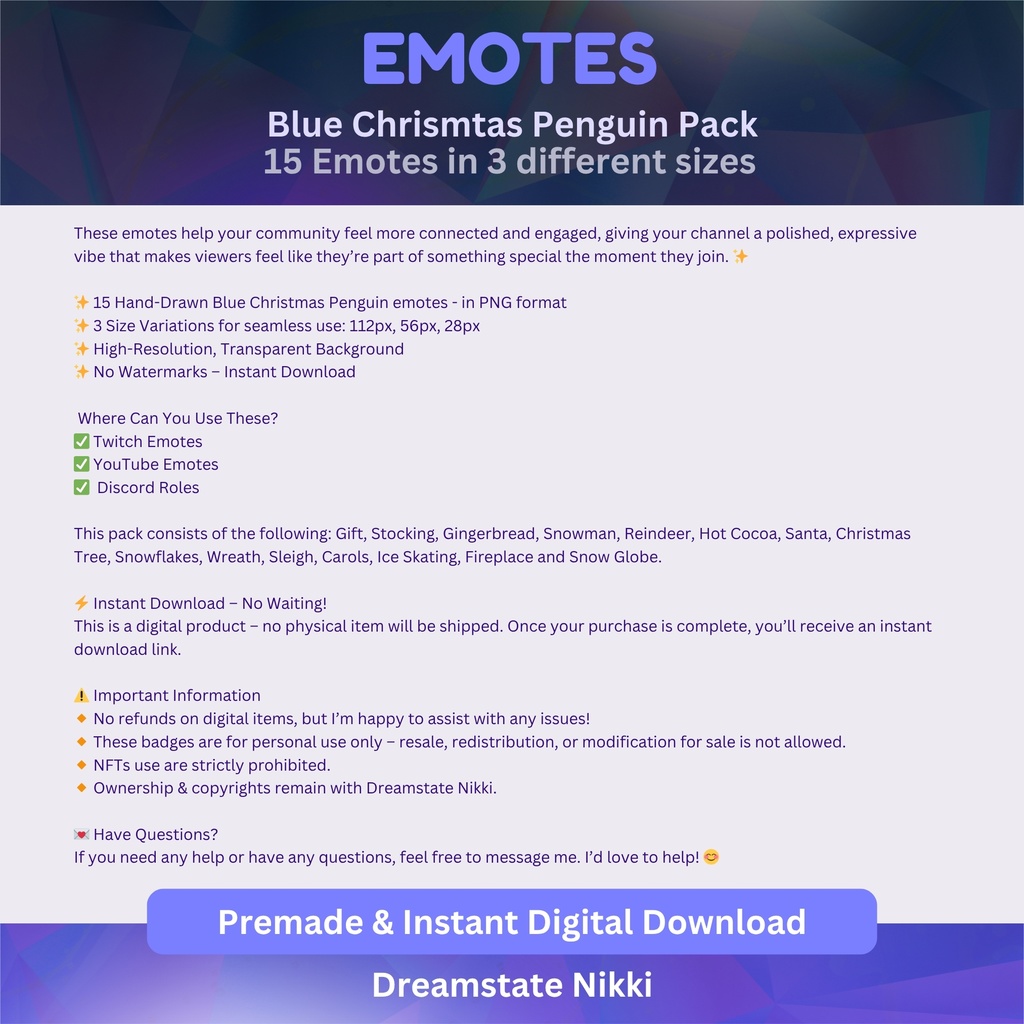 Blue Christmas Winter Penguin Emote Pack for Streaming Twitch, YouTube & Discord - Instant Download