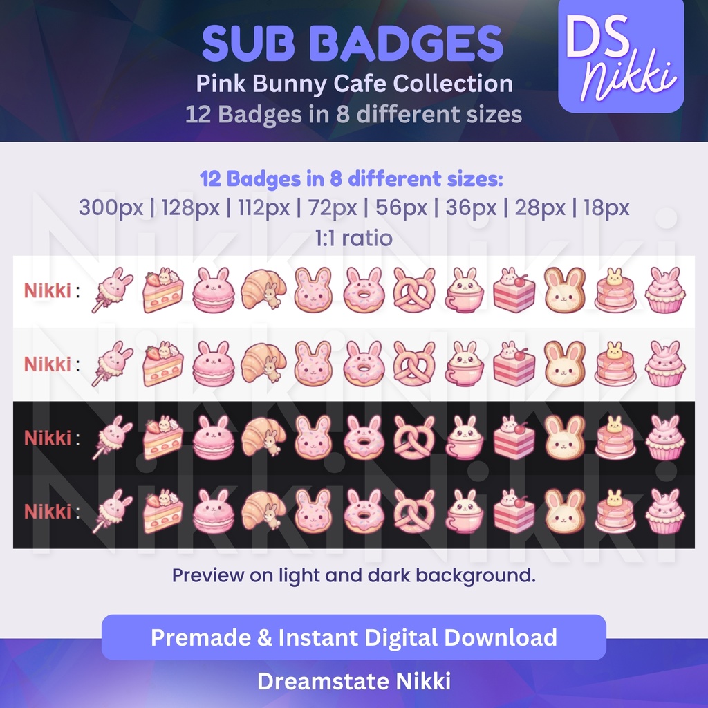 Pink Bunny Cafe Twitch Badges: Kawaii Bakery Emotes (Digital Download)