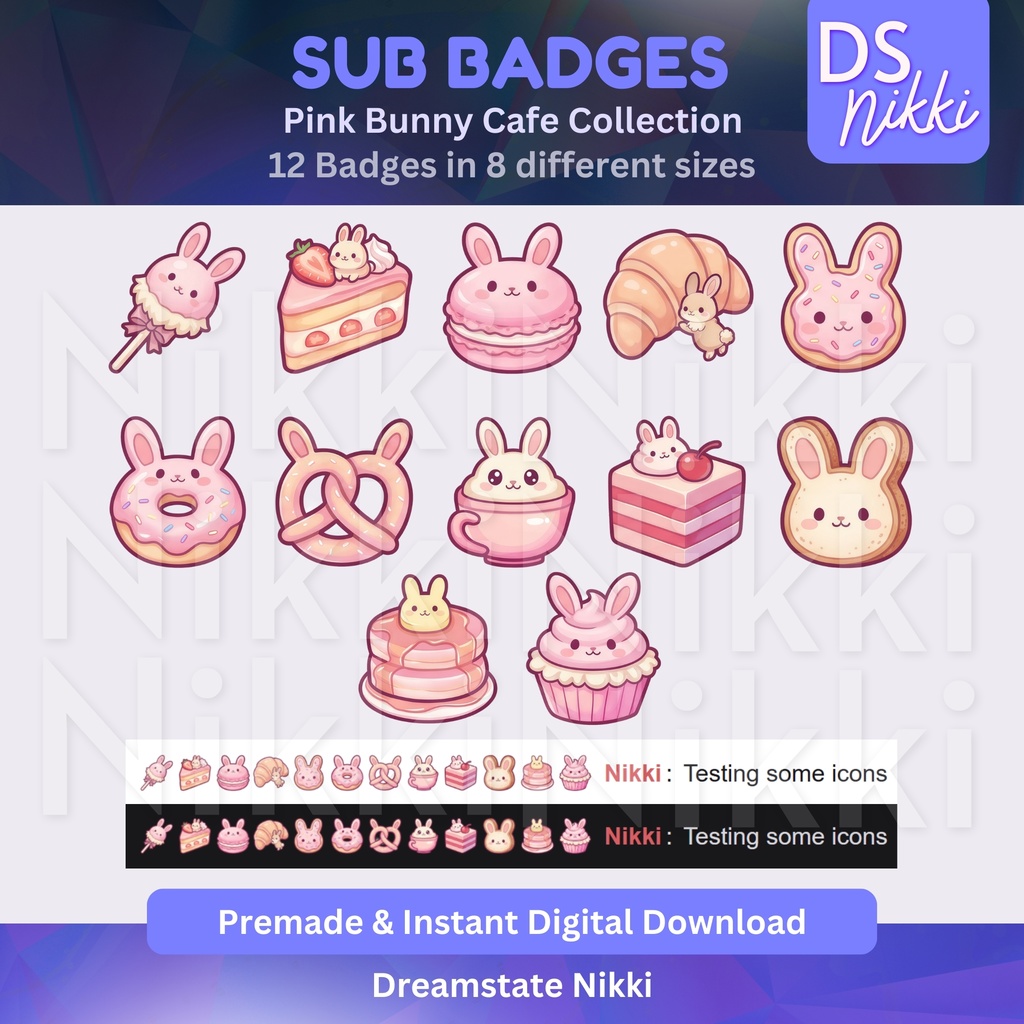 Pink Bunny Cafe Twitch Badges: Kawaii Bakery Emotes (Digital Download)