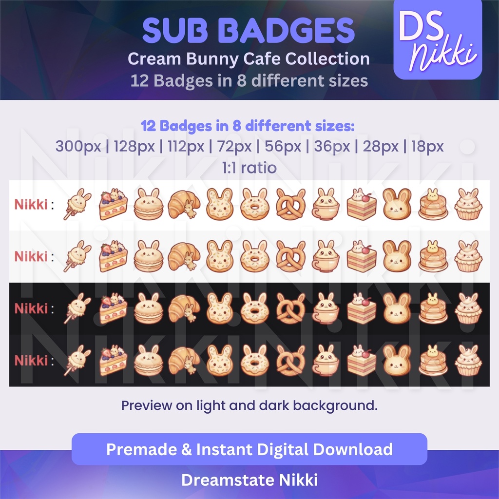 Cream Bunny Cafe Twitch Badges: Kawaii Bakery Emotes (Digital Download)