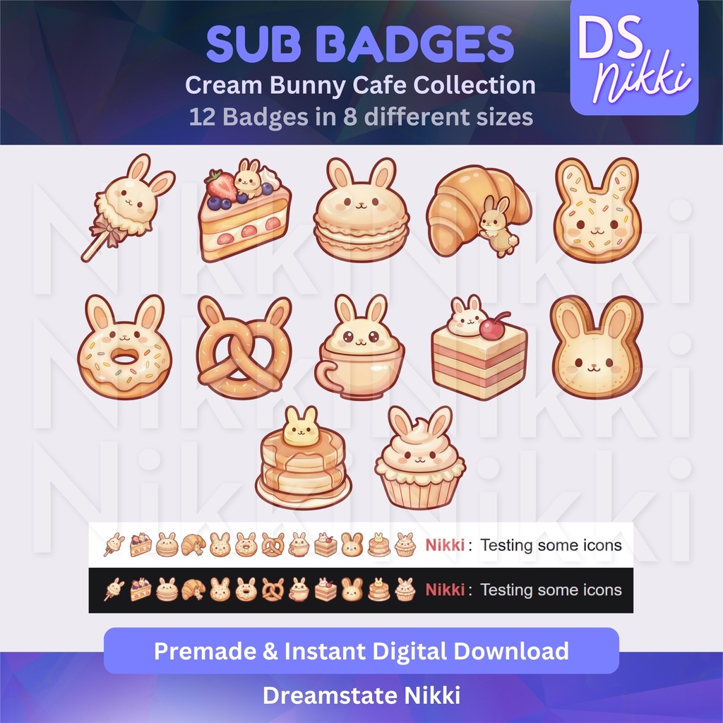 Cream Bunny Cafe Twitch Badges: Kawaii Bakery Emotes (Digital Download)