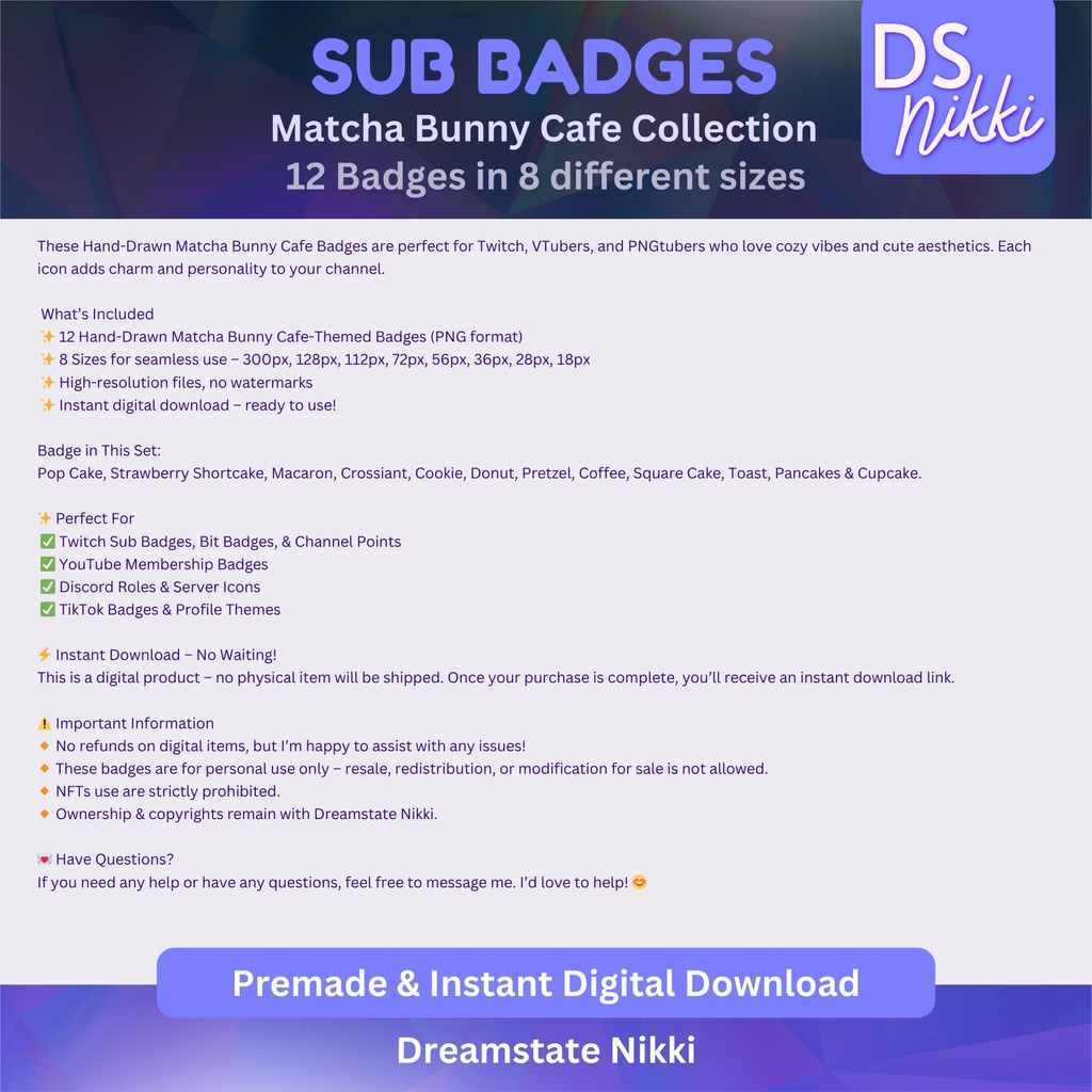 Matcha Bunny Cafe Twitch Badges: Kawaii Bakery Emotes (Digital Download)