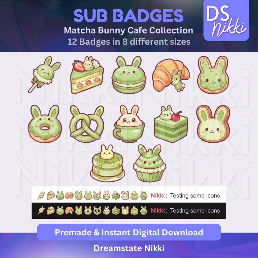 Matcha Bunny Cafe Twitch Badges: Kawaii Bakery Emotes (Digital Download)