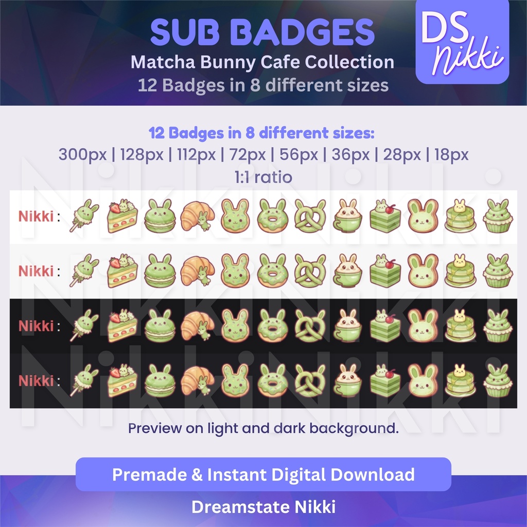 Matcha Bunny Cafe Twitch Badges: Kawaii Bakery Emotes (Digital Download)