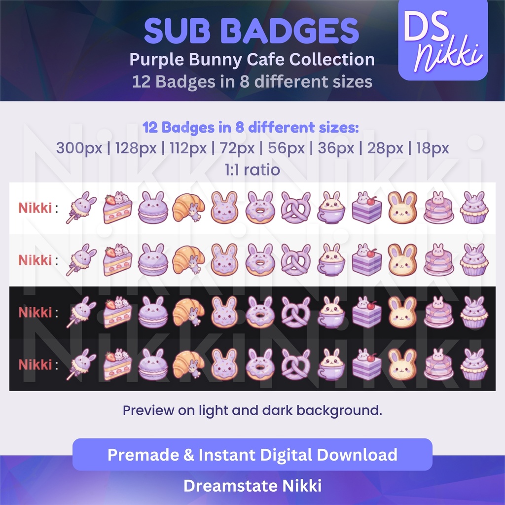 Purple Bunny Cafe Twitch Badges: Kawaii Bakery Emotes (Digital Download)