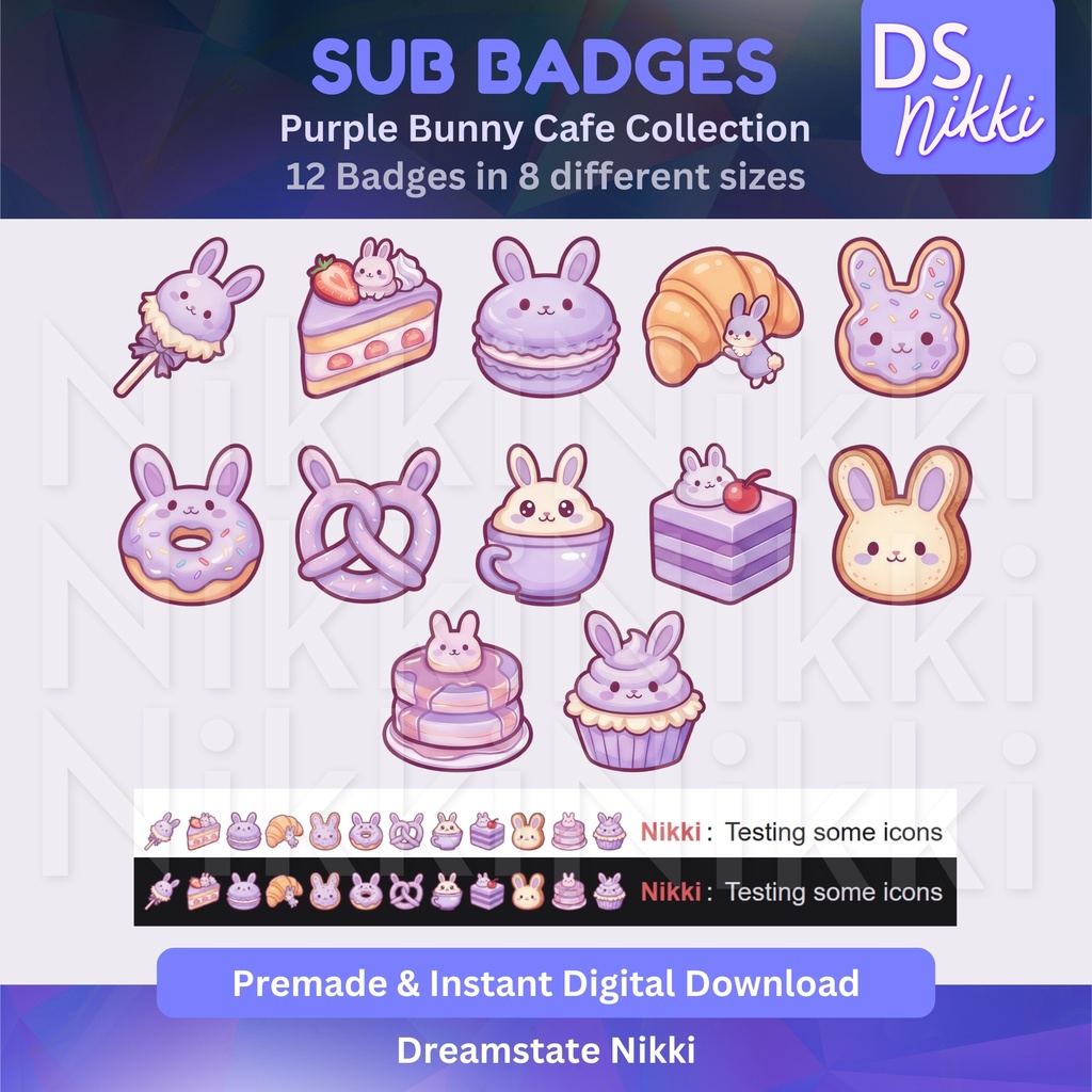 Purple Bunny Cafe Twitch Badges: Kawaii Bakery Emotes (Digital Download)