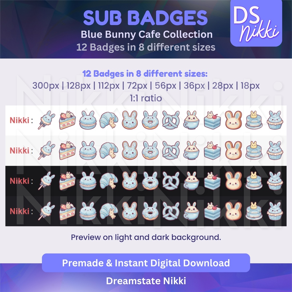 Blue Bunny Cafe Twitch Badges: Kawaii Bakery Emotes (Digital Download)