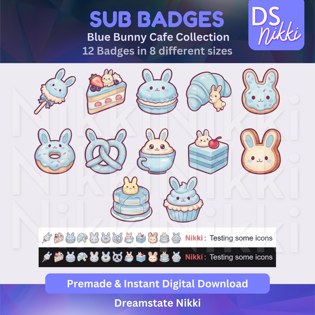 Blue Bunny Cafe Twitch Badges: Kawaii Bakery Emotes (Digital Download)