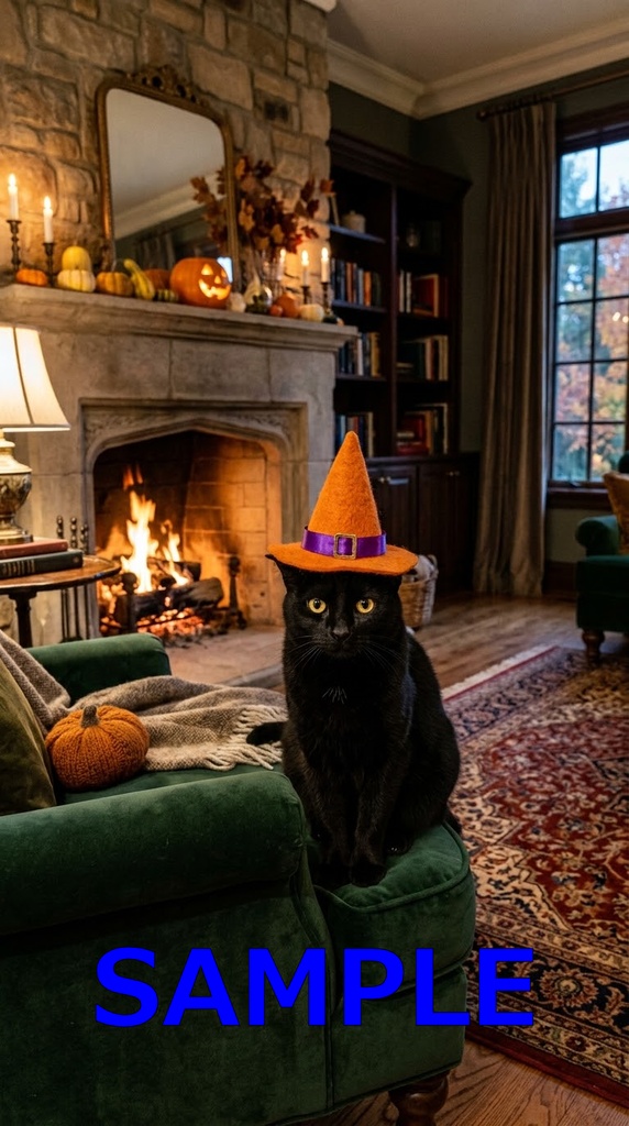 【無料配布】暖炉と黒猫のハロウィン縦型動画素材（カメラワーク・環境音入り）