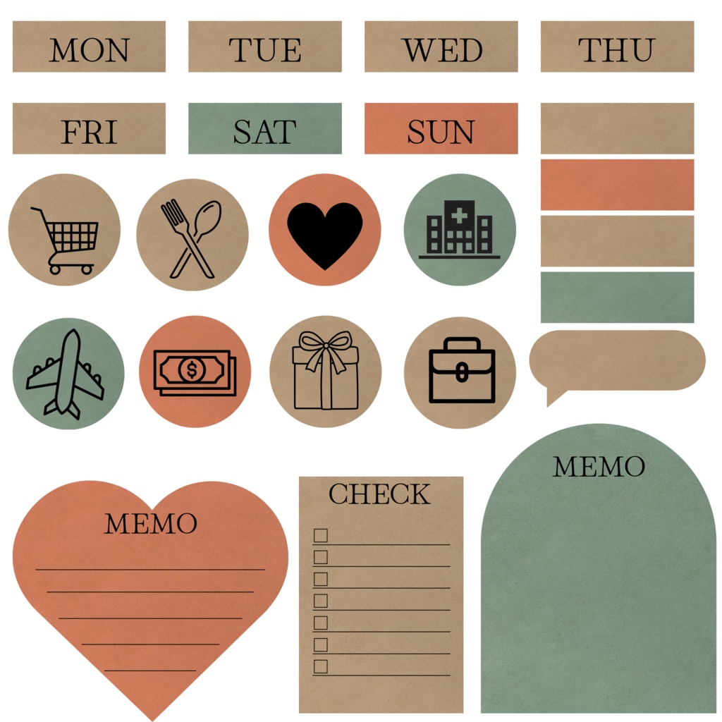 くすみカラー韓国風デジタルステッカーセット｜手帳・ノート用PNG素材