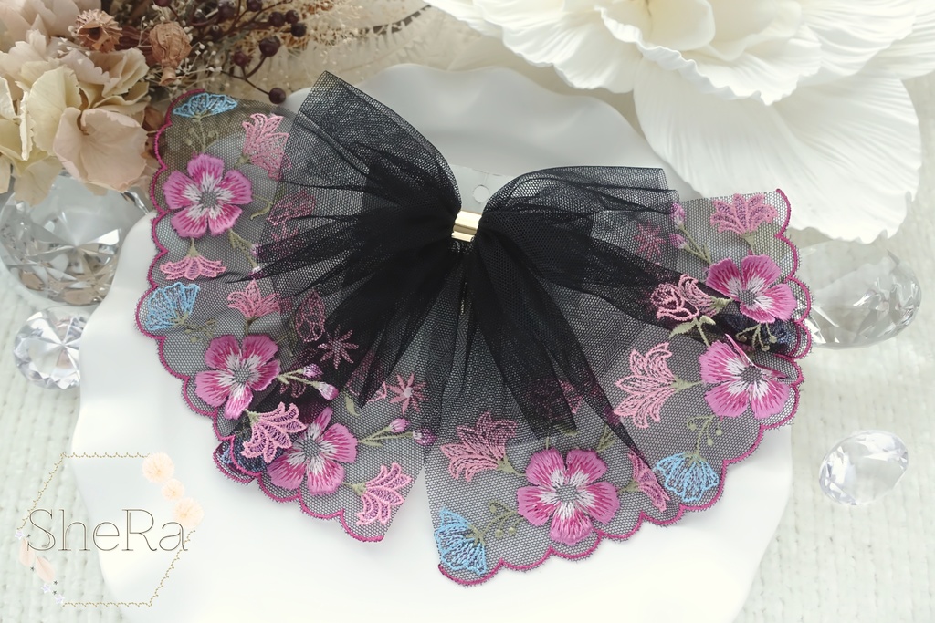 レースリボンのポニーフック・ブラック×ピンク