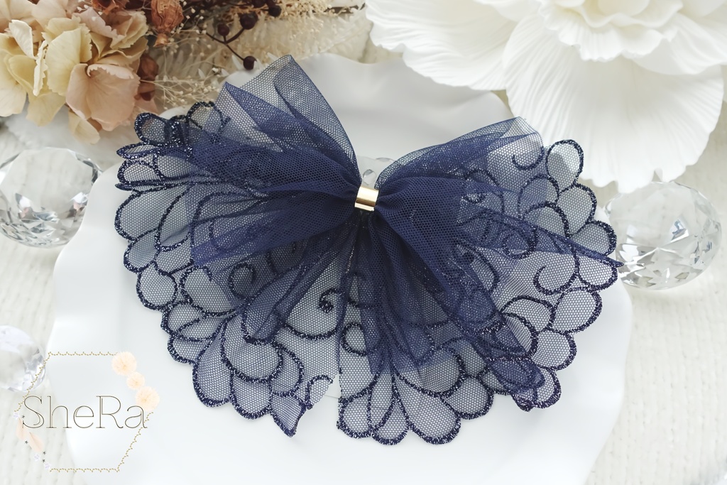 レースリボンのポニーフック・煌めきネイビー