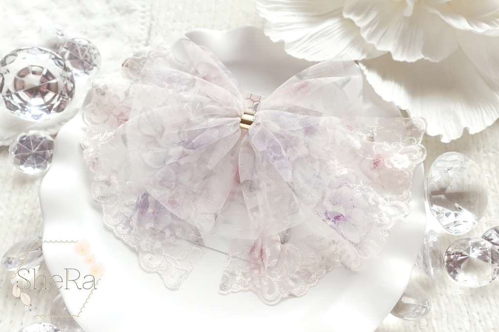 レースリボンのポニーフック・フラワーブーケ／オフホワイト