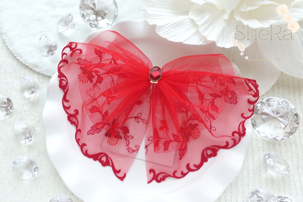 レースリボンのポニーフック・ルージュレッド