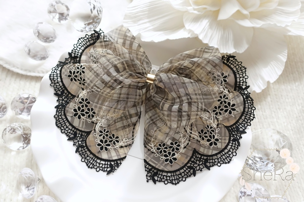 レースリボンのポニーフック・チェックイエローベージュ