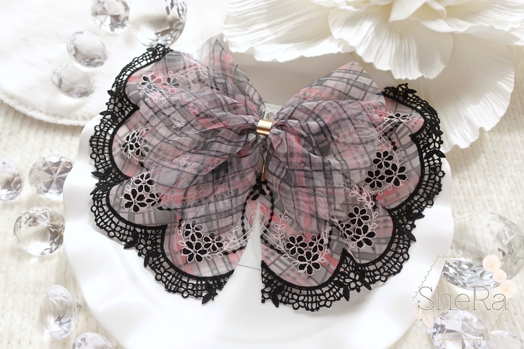 レースリボンのポニーフック・チェックマゼンダレッド