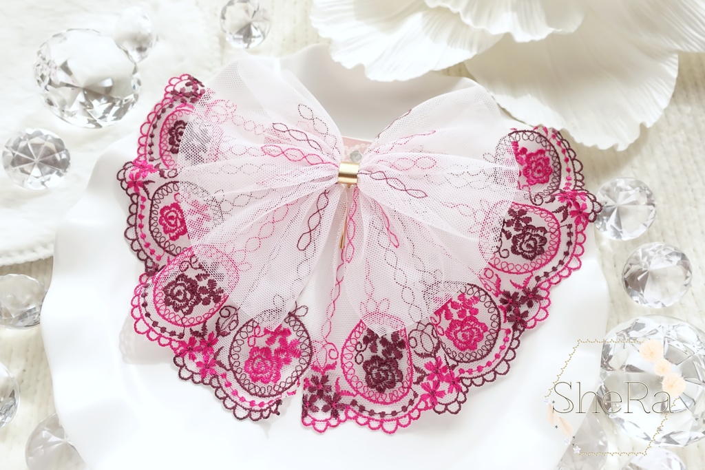 レースリボンのポニーフック・ラズベリーピンクローズ