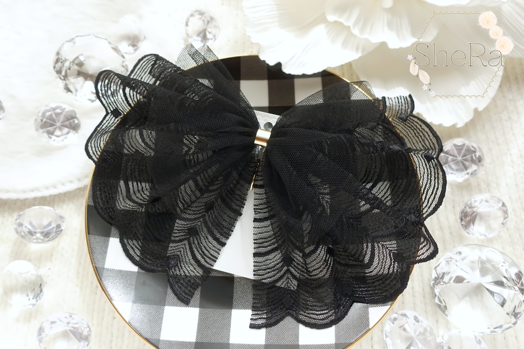 レースリボンのポニーフック・スカラップブラック