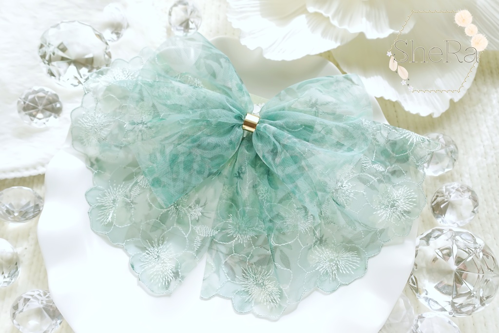 レースリボンのポニーフック・フラワーブーケグリーン