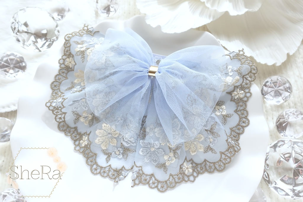 レースリボンのポニーフック・セレストブルー