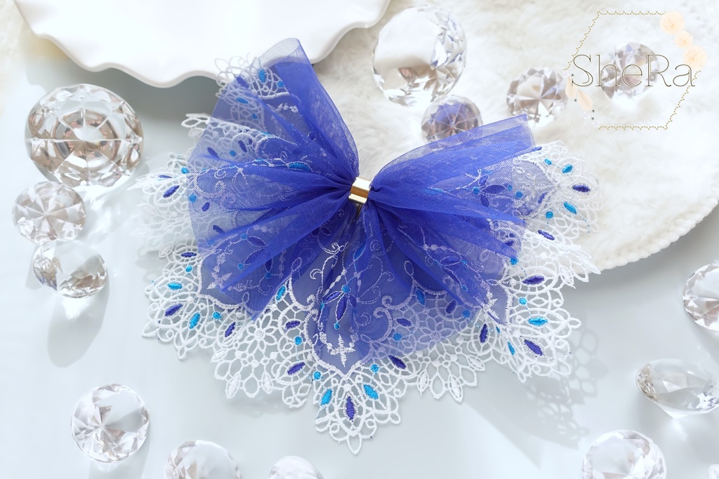 レースリボンのポニーフック・ルーチェ・ブルー